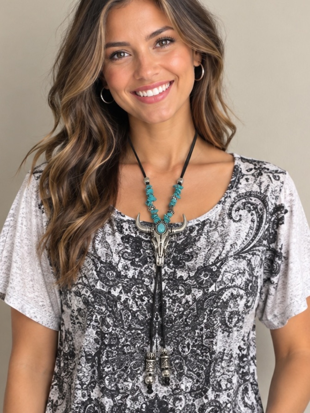 Turquoise Bead Bull Skull Choker Necklace - Women Jewelry